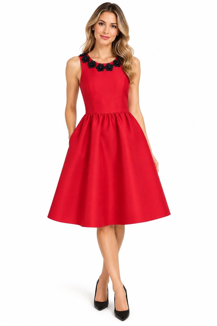 Kate Spade New York Red Fit & Flare Dress 8 Black Flower Embellished Sleeveless